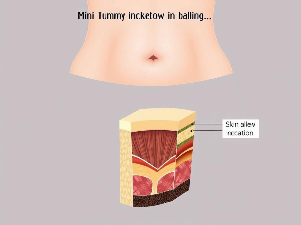 Mini tummy tuck procedure illustration showing smaller incision below belly button